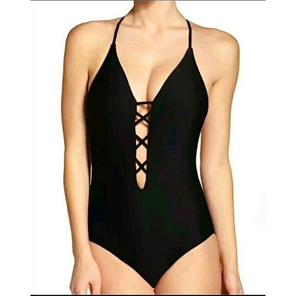 New. BECCA black plunge neck swimsuit. Small - Picture 2 of 14